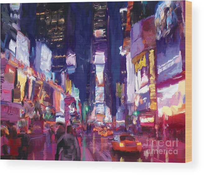 New York Wood Print featuring the painting Amy's Time Square in the Rain by Tim Gilliland