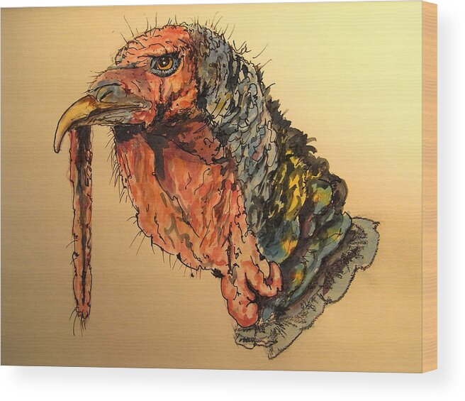 Farm Wood Print featuring the painting Turkey head bird by Juan Bosco