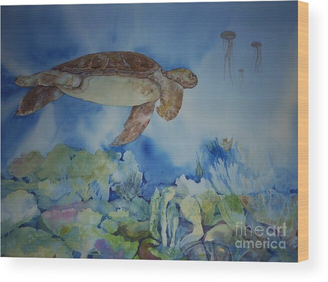 Turtle Wood Print featuring the painting Turtle and Jelly Fish by Donna Acheson-Juillet