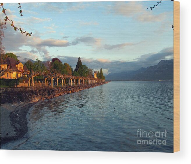 Lake Geneva Wood Print featuring the photograph Twilight in Vevey by Lynellen Nielsen