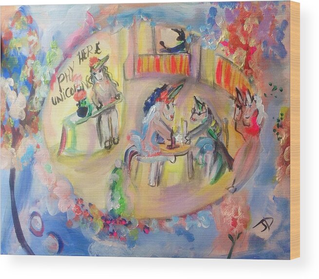 Cafe Wood Print featuring the painting Unicorn cafe by Judith Desrosiers