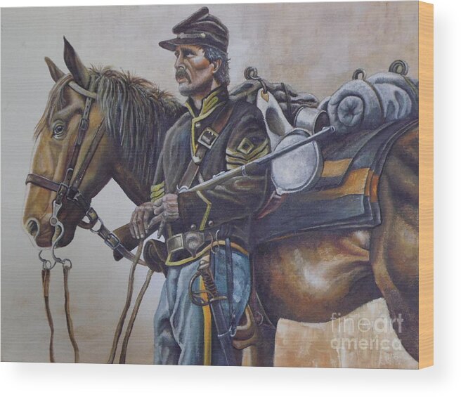 A Union Cavalry Soldier With His Horse And Rifle. The Union Soldier Is A First Sargent Standing Next To His Horse. Wood Print featuring the painting Union Cavalry by Martin Schmidt