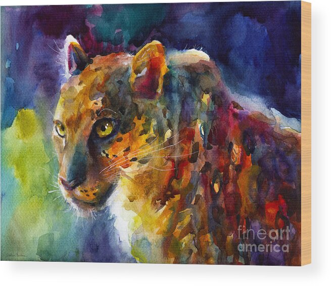 Leopard Wood Print featuring the painting Vibrant watercolor leopard wildlife painting by Svetlana Novikova