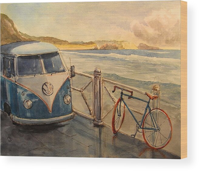 Volkswagen Wood Print featuring the painting VW Westfalia surfer by Juan Bosco
