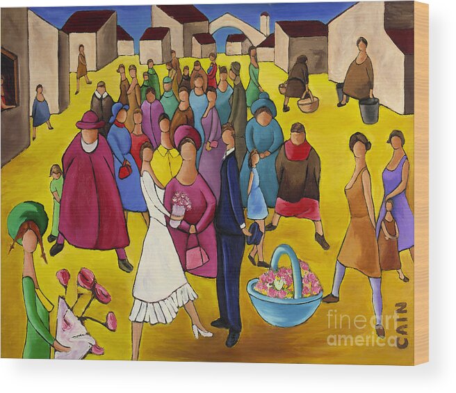 Wedding Wood Print featuring the painting Wedding In Plaza by William Cain