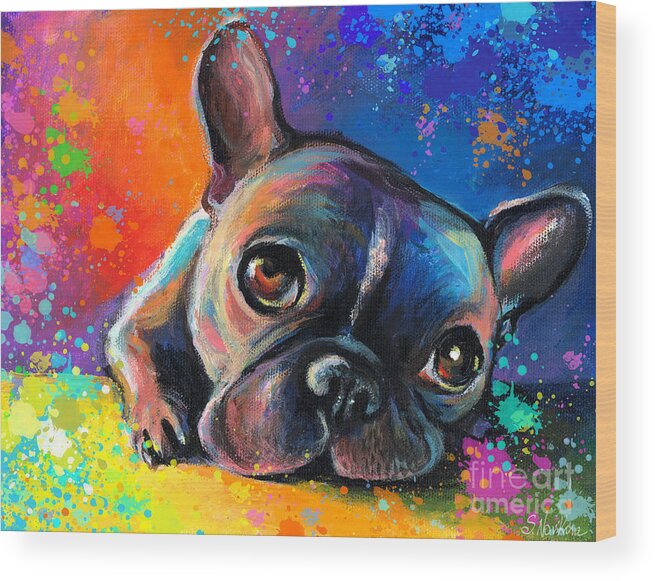 French Bulldog Prints Wood Print featuring the painting Whimsical Colorful French Bulldog by Svetlana Novikova