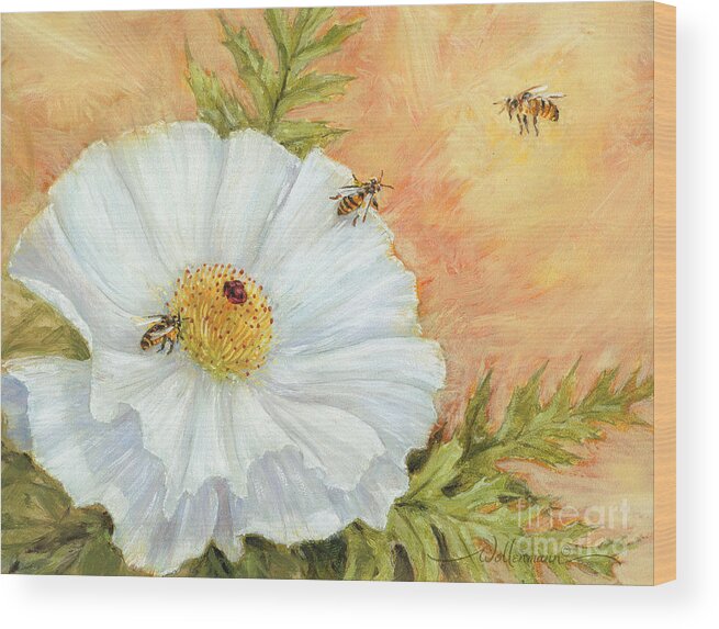 Poppy Wood Print featuring the digital art White Poppy and Bees by Randy Wollenmann