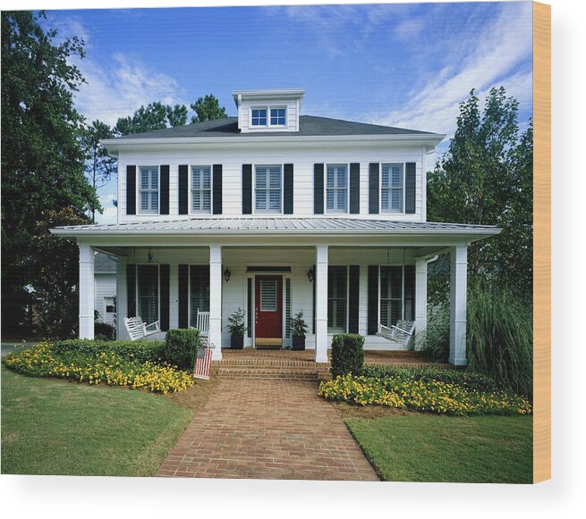Shutter Wood Print featuring the photograph White wooden house, flowers blooming around front porch by Phillip Spears