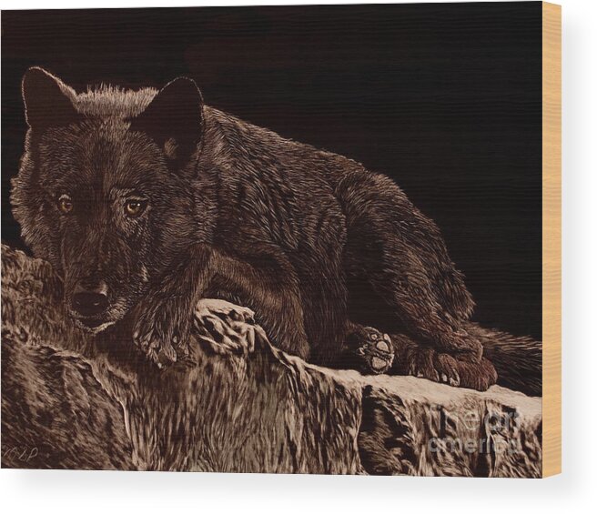 Black Wolf Wood Print featuring the painting Who Goes There by Margaret Sarah Pardy