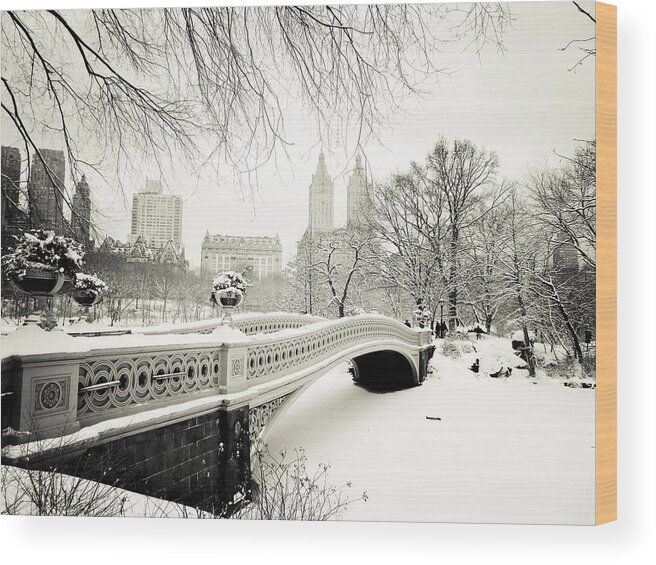 New York City Wood Print featuring the photograph Winter's Touch - Bow Bridge - Central Park - New York City by Vivienne Gucwa
