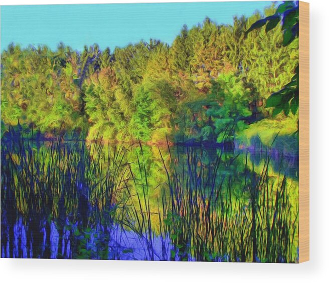 Woods Wood Print featuring the digital art Wooded Shore Through Reeds by Dennis Lundell