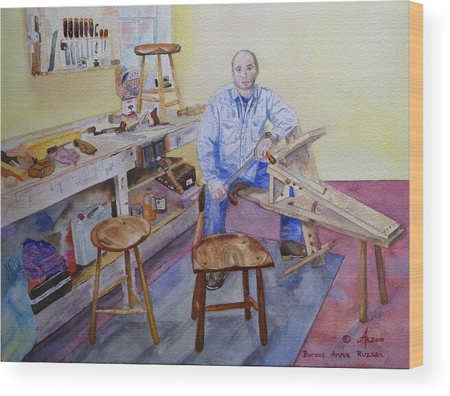 Woodworker Wood Print featuring the painting Woodworker Chair maker by Anna Ruzsan