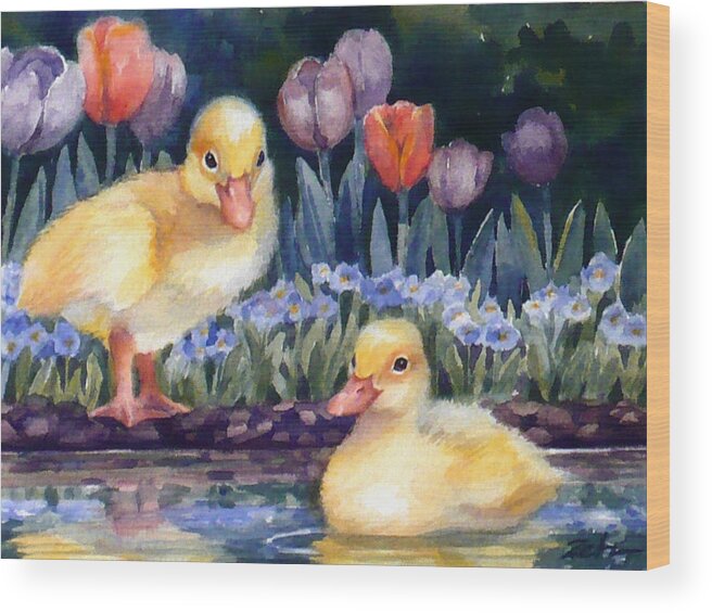 Baby Animals Print Wood Print featuring the painting Yellow Ducklings - First Swim by Janet Zeh