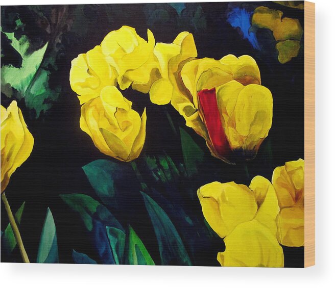 Yellow Tulips Wood Print featuring the painting Yellow Tulips by John Duplantis