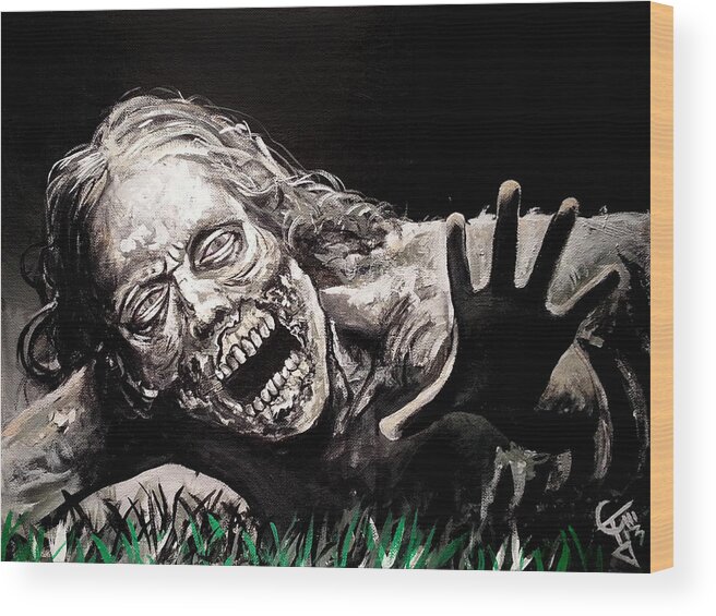 The Walking Dead Wood Print featuring the painting Zombie Bike Girl by Tom Carlton