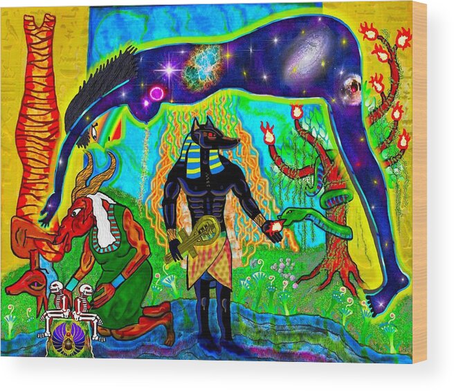 Ancient Egypt Wood Print featuring the mixed media Anubis and the Guardians of the Source by Myztico Campo