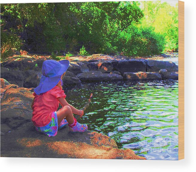  Child Holds Stick Over Calm Place In The Creek While Sitting On A Granite Ledge Of Rocks Wood Print featuring the digital art At the bank of the creek by Annie Gibbons