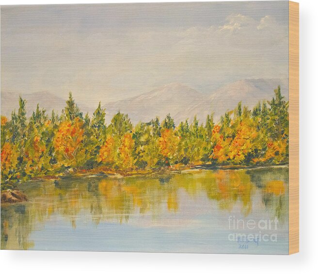  Lake Reflection Wood Print featuring the painting Beyond the hills by Milly Tseng