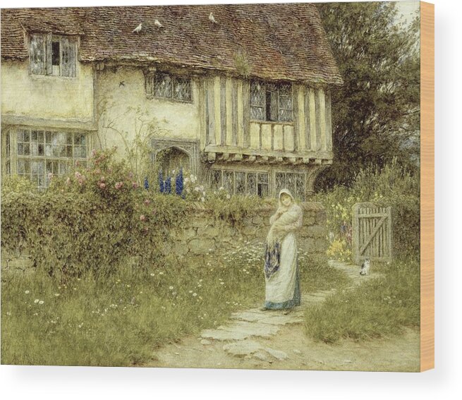Cottage; Mother And Child; Gate; Rural Scene; Country; Countryside; Timber Frame; Half-timbered; Home; Path; Garden; Wildflowers Picturesque; Idyllic; House; Female Wood Print featuring the painting Beside the Old Church Gate Farm Smarden Kent by Helen Allingham