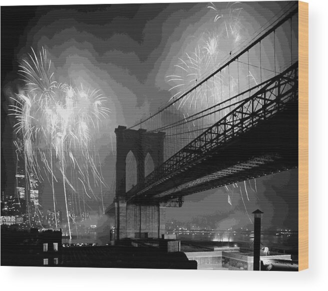 New York Wood Print featuring the photograph Brooklyn Bridge Fireworks BW16 by Scott Kelley