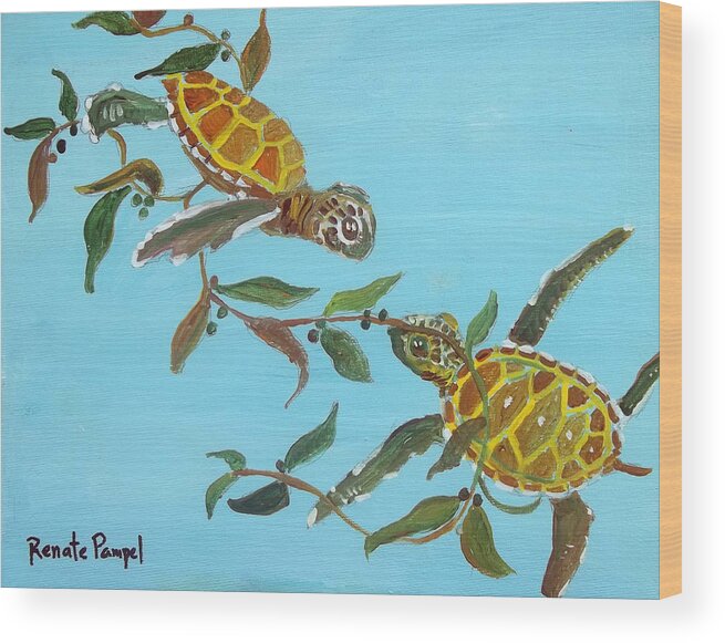 Baby Sea Turtles In Seaweed Wood Print featuring the painting Camouflage by Renate Pampel
