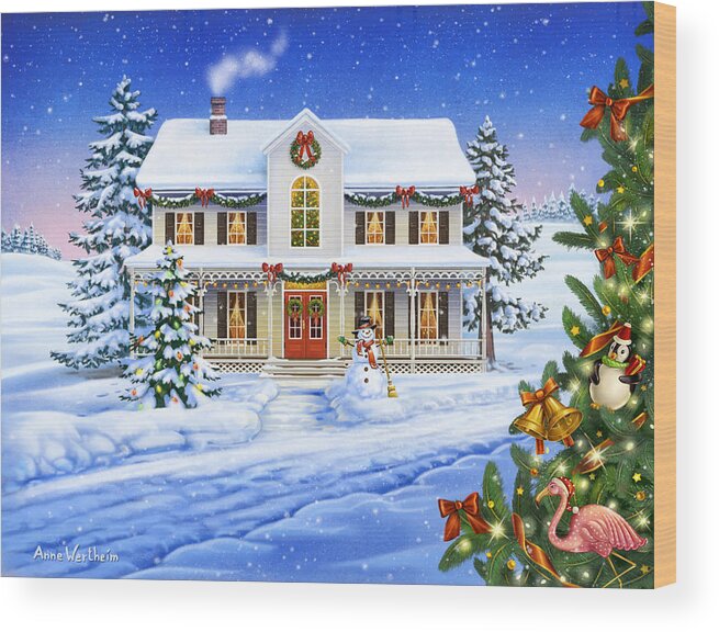 Christmas Wood Print featuring the mixed media Christmas Cottage by Anne Wertheim