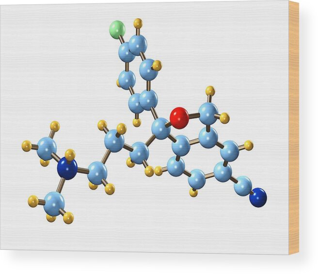 Citalopram Wood Print featuring the photograph Citalopram Antidepressant Molecule by Dr Mark J. Winter