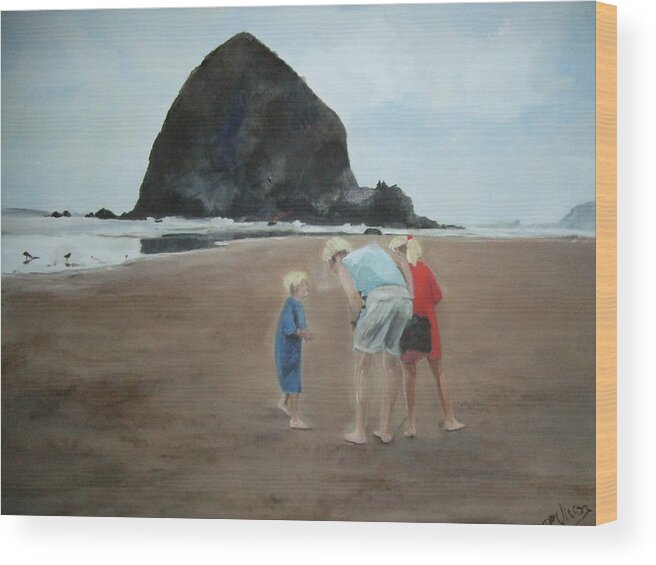 Landscape Wood Print featuring the painting Family by the Sea by Janet Visser