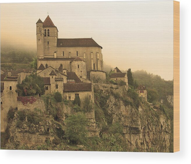 St Cirq Wood Print featuring the photograph Fog Descending on St Cirq Lapopie in Sepia by Greg Matchick