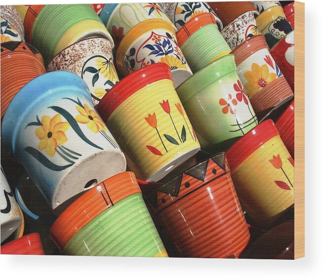 Flower Pots Wood Print featuring the photograph Hand Decorated Flower Pots by Sumit Mehndiratta