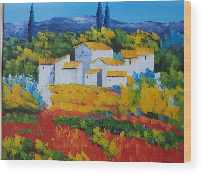 Landscape Wood Print featuring the painting Hilltop village by Rosie Sherman