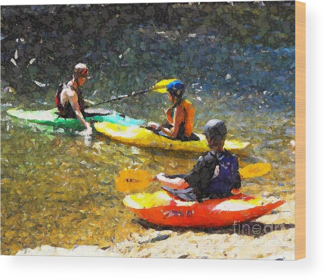  Primary Colors In Creek Water With Reflections Three Young People With Helmets In Their Kayaks Are Learning The Basics Of Paddeling Impressionistic Colorful Bright Happy Summer Water Recreation Wood Print featuring the digital art Kayak Class by Annie Gibbons