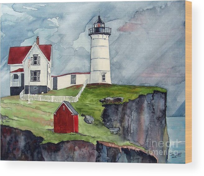 Watercolor Wood Print featuring the painting Maine Lighthouse by Tom Riggs