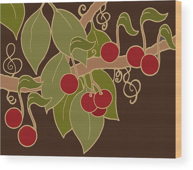 Music Wood Print featuring the digital art Musical Cherries Rectangle by Linda Ruiz-Lozito