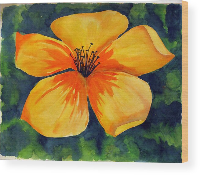 Watercolor Painting Wood Print featuring the painting Mysterious Yellow Flower by Debi Singer