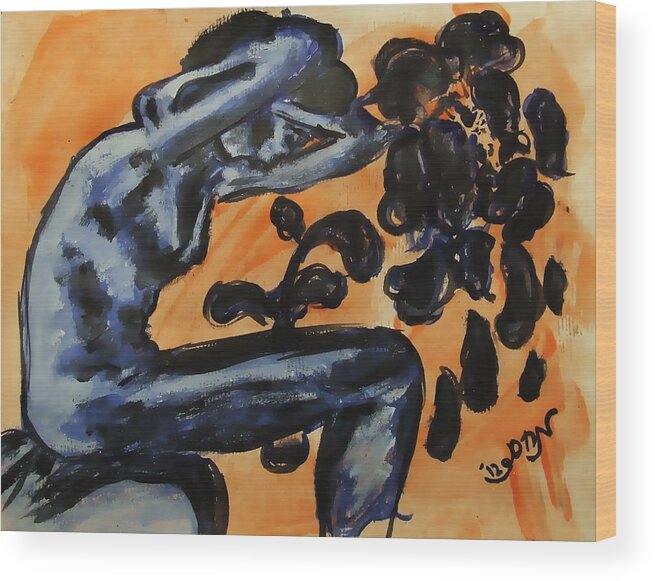 Nude Wood Print featuring the painting Nude Young Female Seated with ideas swirling about her head while crying by M Zimmerman