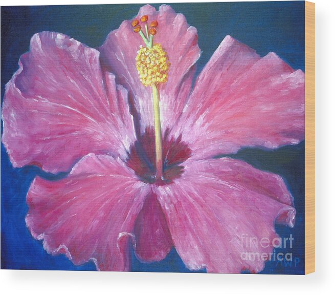 Pink Wood Print featuring the painting Pink Hibiscus by Audrey Peaty