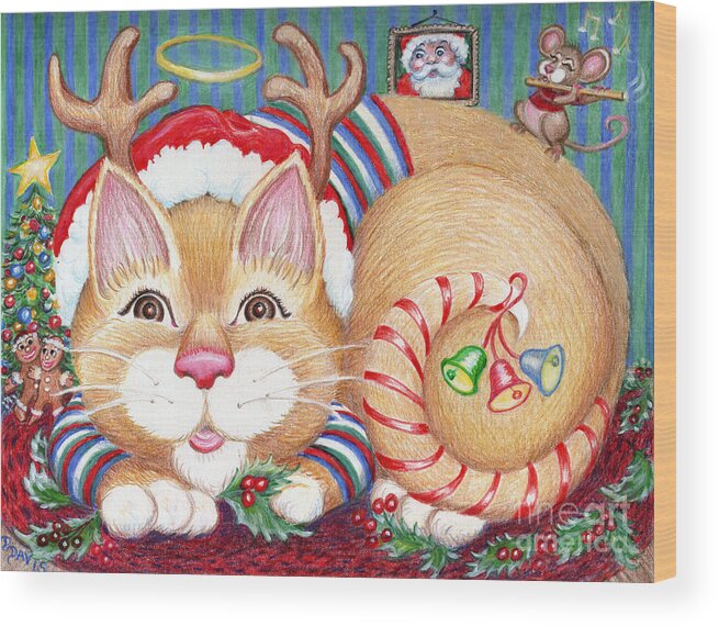 Cat Wood Print featuring the drawing Rudolph The Pink Nosed Dear Cat by Dee Davis