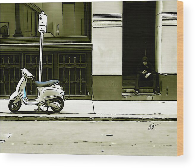 Scooter Wood Print featuring the photograph Scooter and Man - Illustration Conversion by Mark Valentine