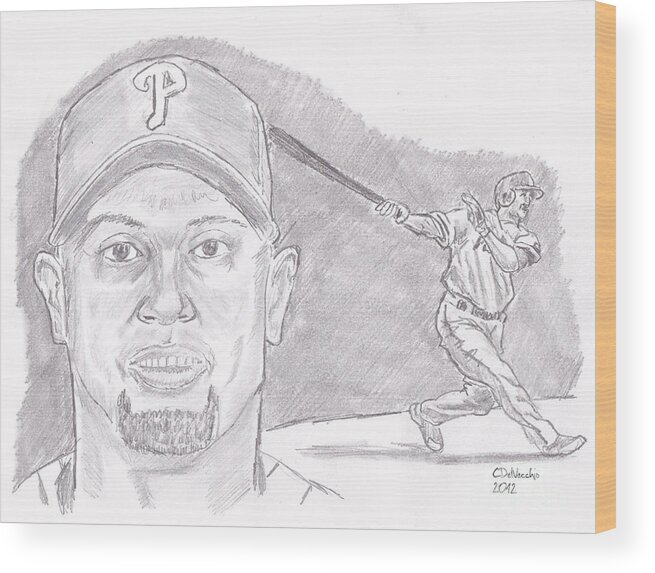 Phillies Wood Print featuring the drawing Shane Victorino- Flying Hawaiian by Chris DelVecchio