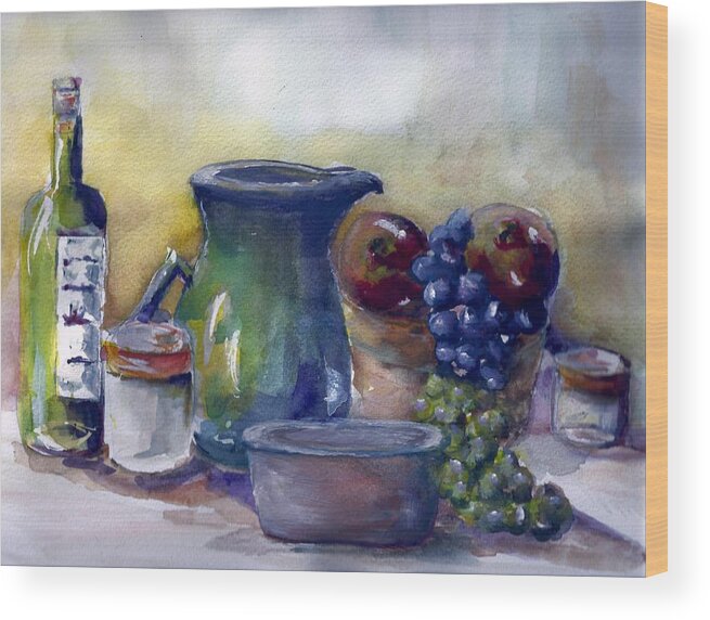 Wine Wood Print featuring the painting Still Life Wine and Grapes by Bernadette Krupa