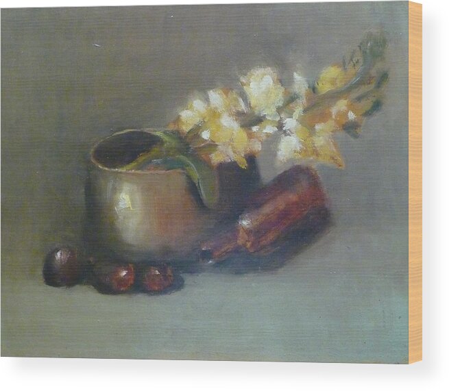 Om Bowl Wood Print featuring the painting Still Life with Om Bowl Grapes and White Flowers by Jessmyne Stephenson