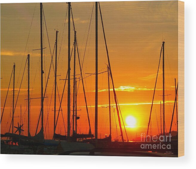 Sunset Wood Print featuring the mixed media Sunset in a harbour digital photo painting by Rogerio Mariani