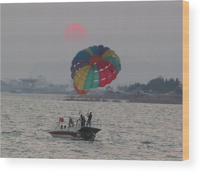 Sunset Wood Print featuring the photograph sunset in Qingdao beach by Alfred Ng