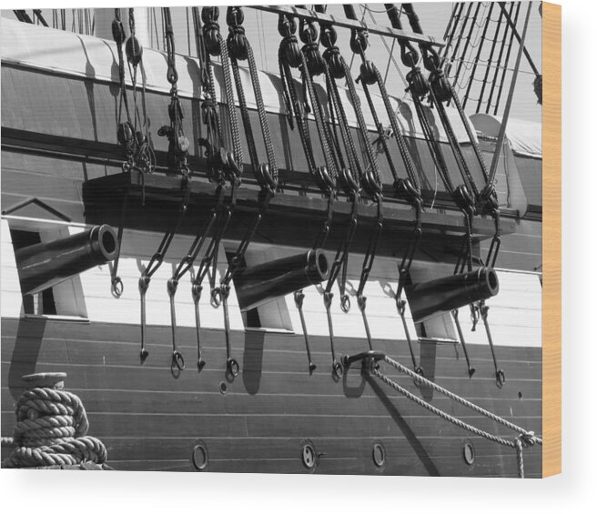 Tall Wood Print featuring the photograph Tall Ship Canons Black and White by Darleen Stry