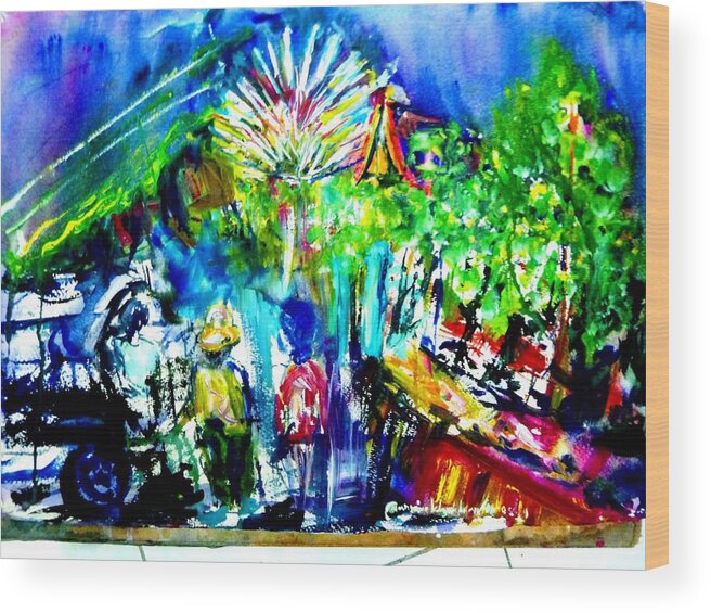 Traditional Thailand Wood Print featuring the painting The Temple fair by Wanvisa Klawklean