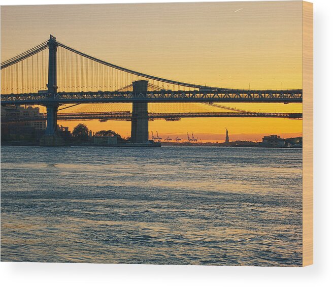 Manhattan Wood Print featuring the photograph Two Bridges and a Lady by Cornelis Verwaal