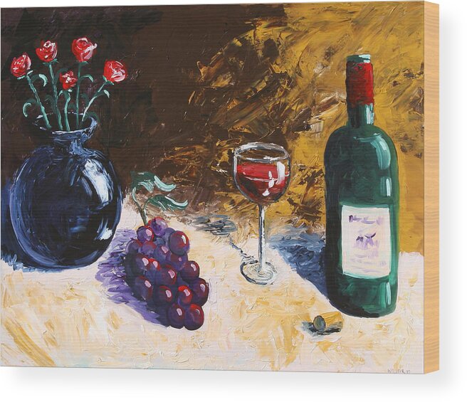 Abstract Wood Print featuring the painting Wine Grapes and Roses Still Life Painting by Mark Webster