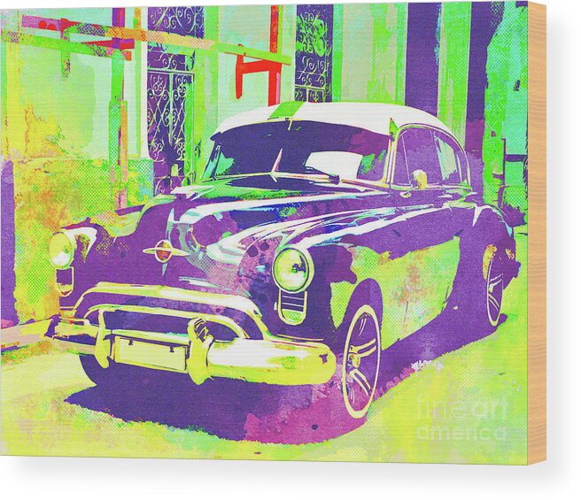 Havana Wood Print featuring the mixed media Abstract Watercolor - Havana Cuba Classic Car I #2 by Chris Andruskiewicz