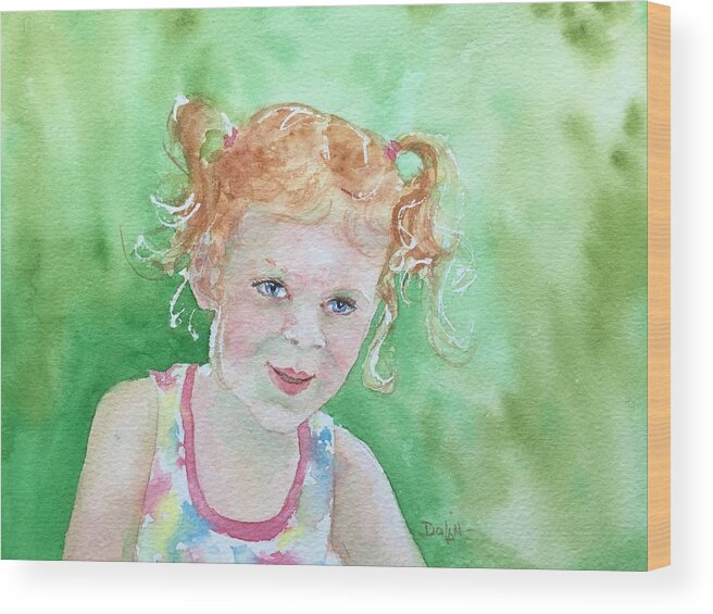 Children's Portrait Wood Print featuring the painting Catherine with Pigtails #1 by Pat Dolan